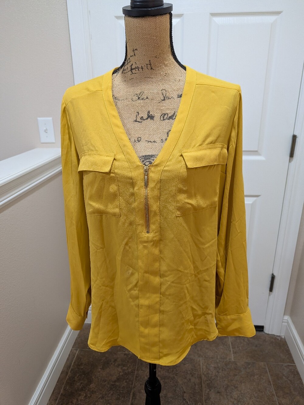 Express Women’s Yellow V-Neck Zip-Front Blouse